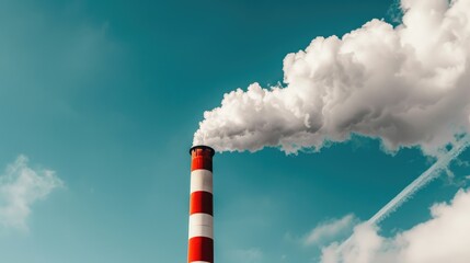 Massive chimney of an industrial plant releasing smoke, set against a bright blue sky with picturesque white clouds, generative ai