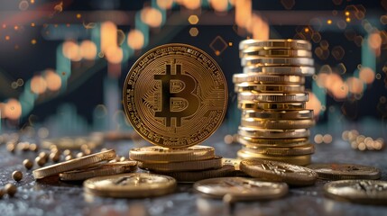 The Allure of Cryptocurrency: A Single Bitcoin Coin Stands Tall Amidst a Pile of Gold Coins, Symbolizing the Potential of Digital Assets in a World of Traditional Finance