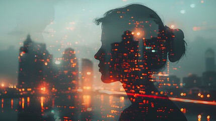 Fototapeta premium The City Lights Reflecting in a Woman's Silhouette, a Surreal and Dreamy Portrait