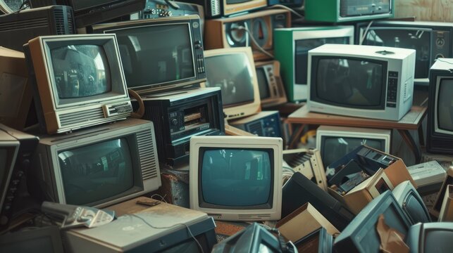 Old electronics including vintage TVs, outdated phones, and old computer monitors piled up, emphasizing the accumulation of technology waste,generative ai
