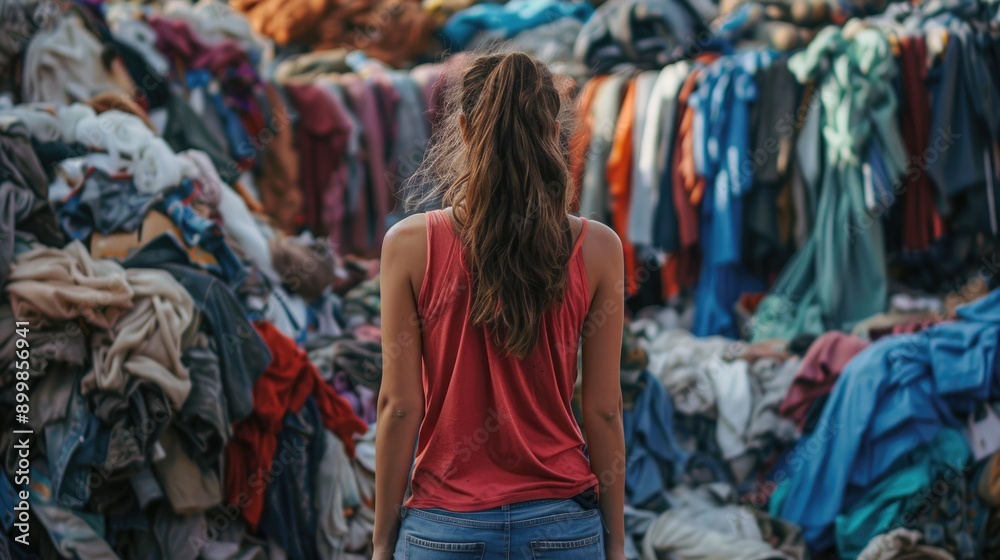 Wall mural young woman near massive heaps of discarded clothing, reflecting the issues of excessive production,