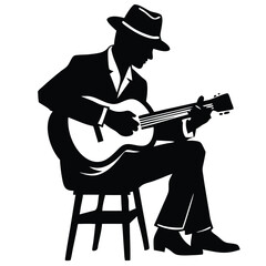 Fototapeta premium a man playing guitar siting a tool, vector silhouette, isolated white background 