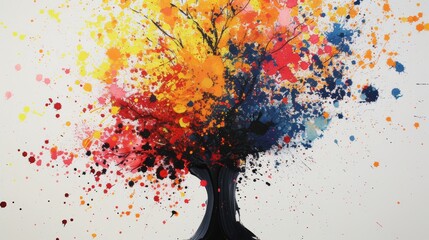 An abstract depiction of a tree formed by vibrant paint splatters in various colors. The dynamic composition conveys a sense of energy and creativity, making it a visually captivating piece for modern