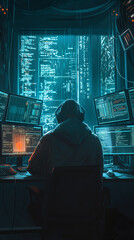 A lone hacker in a dark room, surrounded by multiple screens displaying complex code, working to infiltrate a secure network 