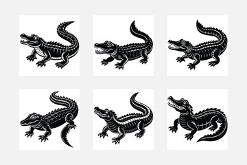 Crocodile and alligator silhouette set Isolated on White Background.