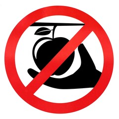 A prohibition sign with a black silhouette of a hand picking an apple. The sign indicates that picking apples is forbidden, and it is isolated on a white background 