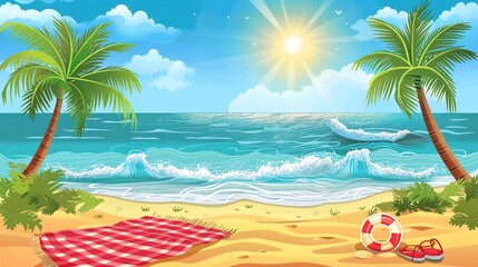 Naklejka premium Cartoon beach picnic with palm trees, waves, and a sunny sky, beach scene, beach picnic illustration
