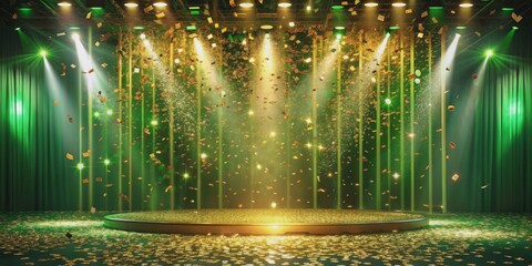 Naklejka premium Green Stage with Gold Confetti and Spotlights, stage , green , confetti , spotlights