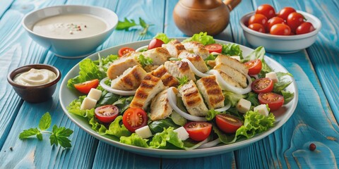 Grilled Chicken Caesar Salad with Creamy Dressing, Lettuce, Tomato, Chicken , Caesar Salad