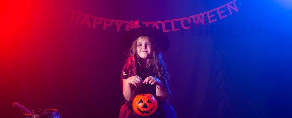 Banner happy laughing child girl in witch costume to Halloween holds jack lantern, copy space