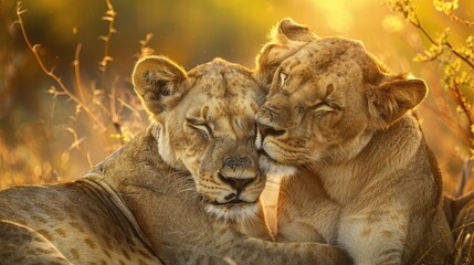 Naklejka premium Predatory Love. Lioness and cub in Kruger NP, South Africa AI generated