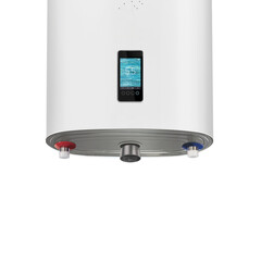 Close-up modern tanked boiler in bathroom. Household smart water heater hanging on the wall in boiler room. Common electric storage tank water heater. Energy-efficient home heating system on white