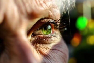 Close-up of an elderly woman's green eye. Selective focus. Macro shot. Ophthalmology concept with copy space.