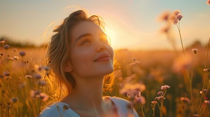 A woman stands in a field of wildflowers, bathed in the warm glow of the setting sun. She looks up at the sky, smiling contentedly.