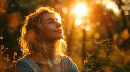 A woman with closed eyes basks in the warm glow of the setting sun in a field of wildflowers.