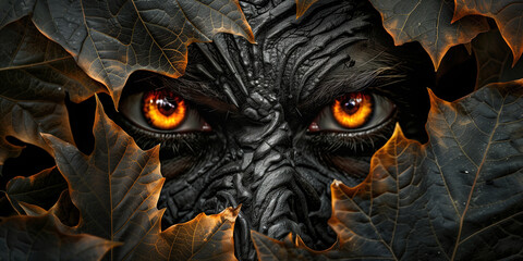 Naklejka premium Mystical Creature Hidden Among Autumn Leaves, Peering Out with Fiery Eyes in a Dark Fantasy Setting
