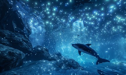 Fototapeta premium the depths of the virtual ocean in the Meta Universe, where bioluminescent beings glide through crystalline waters under a canopy of virtual stars.