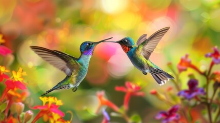 Fototapeta premium Two hummingbirds are flying over a colorful garden