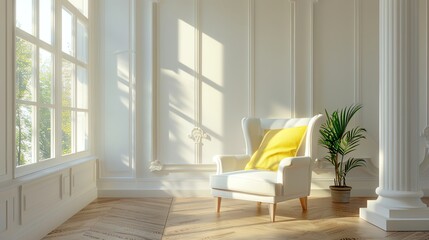 Fototapeta premium Empty Room Interior, Column, White Chair with Yellow Pillow, Coffee Table, 3D Render
