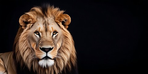 Fototapeta premium Majestic Lion's Face on the Left with a Solid Black Background Ideal for Wildlife Portraits
