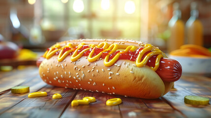Tasty 3D Cartoon Hot Dog with Mustard and Relish on a Bun with Copy Space for Text