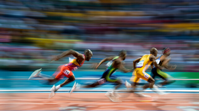 Athletes competing in a 100-meter sprint race at the Olympics, captured mid-action