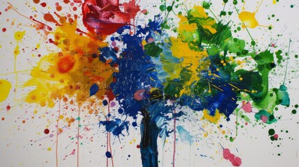 A striking abstract tree illustration created with splatters of primary colors. The bold use of red, blue, yellow, and green paint gives the piece a lively and playful appearance, perfect for