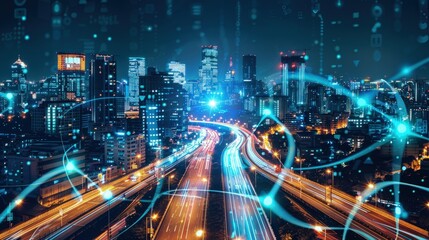 Naklejka premium Highway with vehicle light trails leading to modern illuminated night modern cityscape. Forward to smart city concept . Mixed media AI generated