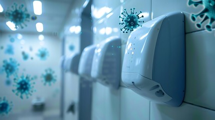 Germs on hand dryer in bathroom Germs, Bathroom Showing the spread of microorganisms