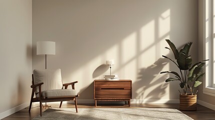 Grey Living Room Interior with Armchair, Drawer, and Lamp, Mockup