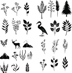 Fototapeta premium A diverse set of black silhouette vector illustrations featuring various flora and fauna. This collection includes trees, leaves, flowers, a bird, 