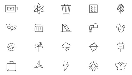 Ecology line icon set. Planet care, recycling power, O2 neutral, zero waste, global warming, urban ecosystems, green energy, air, water, waste disposal, carbon-absorbing outline icon collection. Ui th
