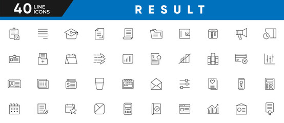 Result line icons set. Laboratory, scientist, equipment, infographics, analysis, skills, advice, support, agreement, document, school, supplies, outline icons collection. Ui thin icons pack.