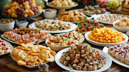 Assortment of snacks on a catering plate, beautifully arranged on a buffet table, ready for guests to enjoy.