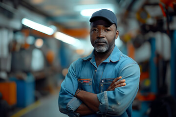 African-American man, mechanic, standing in auto repair garage, blue collar worker, copy space