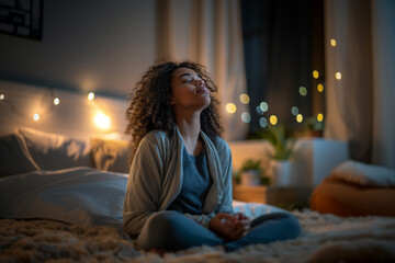 A woman in cozy sleepwear sits cross-legged on her bed, meditating amidst a softly lit bedroom. String lights and indoor plants create a peaceful, serene atmosphere,relaxation and mindfulness.