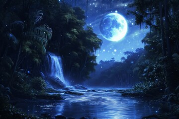 Fototapeta premium A night scene featuring a stunning waterfall illuminated by the glow of a full moon, Moonlit river seeping through a rainforest under a starry night, AI Generated