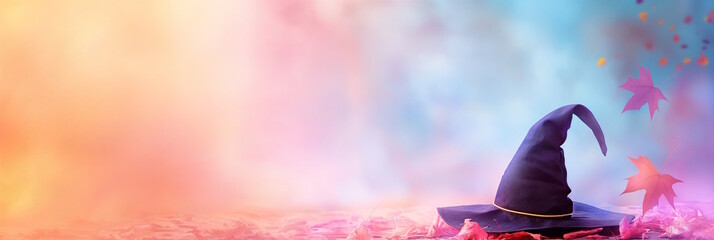 A black witch hat on a pastel gradient background with leaves. The image is dreamy and whimsical, suitable for Halloween decorations or themed artwork