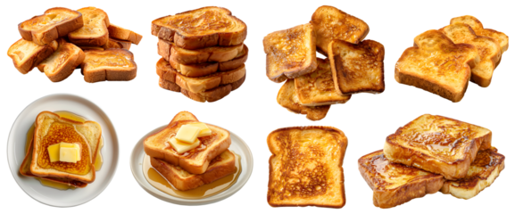 Golden French toast pan fried bread slice on transparent cutout, PNG file. Many assorted different angles, stack, plate, pile, slice. Mockup template for artwork graphic