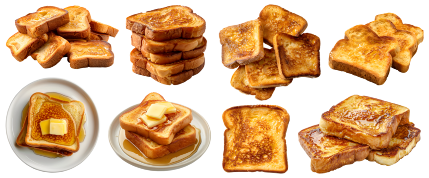 Golden French toast pan fried bread slice on transparent cutout, PNG file. Many assorted different angles, stack, plate, pile, slice. Mockup template for artwork graphic