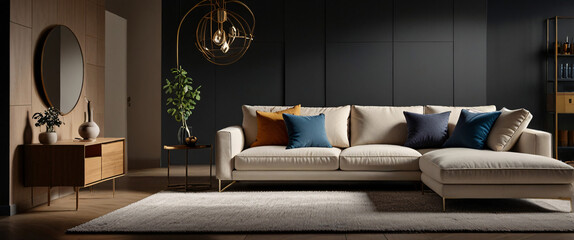 Sleek sofa, modern furniture, and chic accents define this open-plan living space