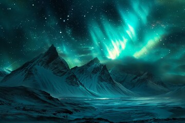 Naklejka premium A stunning painting capturing the magnificence of a mountain landscape as it meets a sky illuminated by the ethereal display of aurora lights, Mountain ranges under the Northern Lights, AI Generated