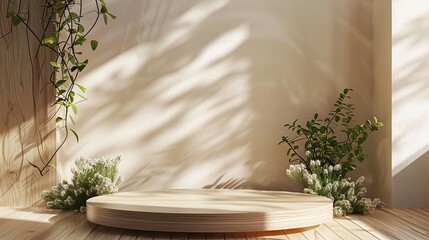 Elegant Product Staging: Beautiful Wooden Podium with Plant Decor for Professional Advertising