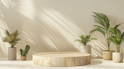 Elegant Product Staging: Beautiful Wooden Podium with Plant Decor for Professional Advertising