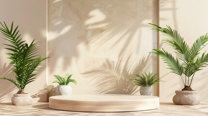 Elegant Product Staging: Beautiful Wooden Podium with Plant Decor for Professional Advertising