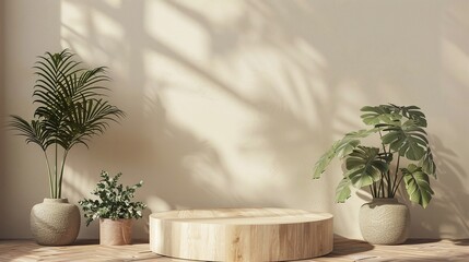 Elegant Product Staging: Beautiful Wooden Podium with Plant Decor for Professional Advertising