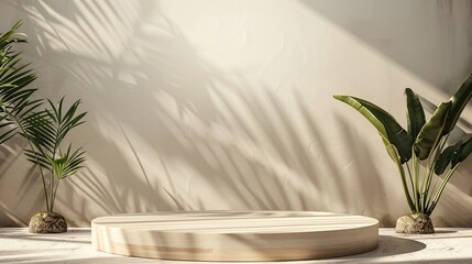 Elegant Product Staging: Beautiful Wooden Podium with Plant Decor for Professional Advertising