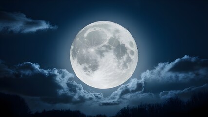A full moon illuminating a serene night sky. The moon appears to be just above the horizon,casting a silvery glow over the tranquil landscape below.
