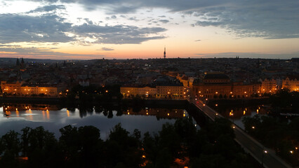 Obraz premium Photo of Prague old city taken from the sky with a drone. Prague at sunrise.. Prague view.