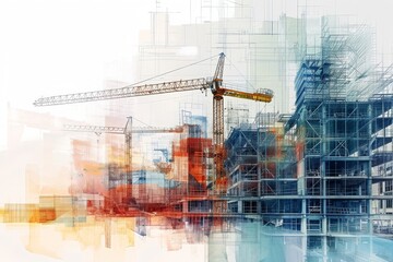 A realistic painting featuring a prominent building with a crane in the background, creating an industrial atmosphere, Multi-layered portrayal of upcoming construction developments, AI Generated